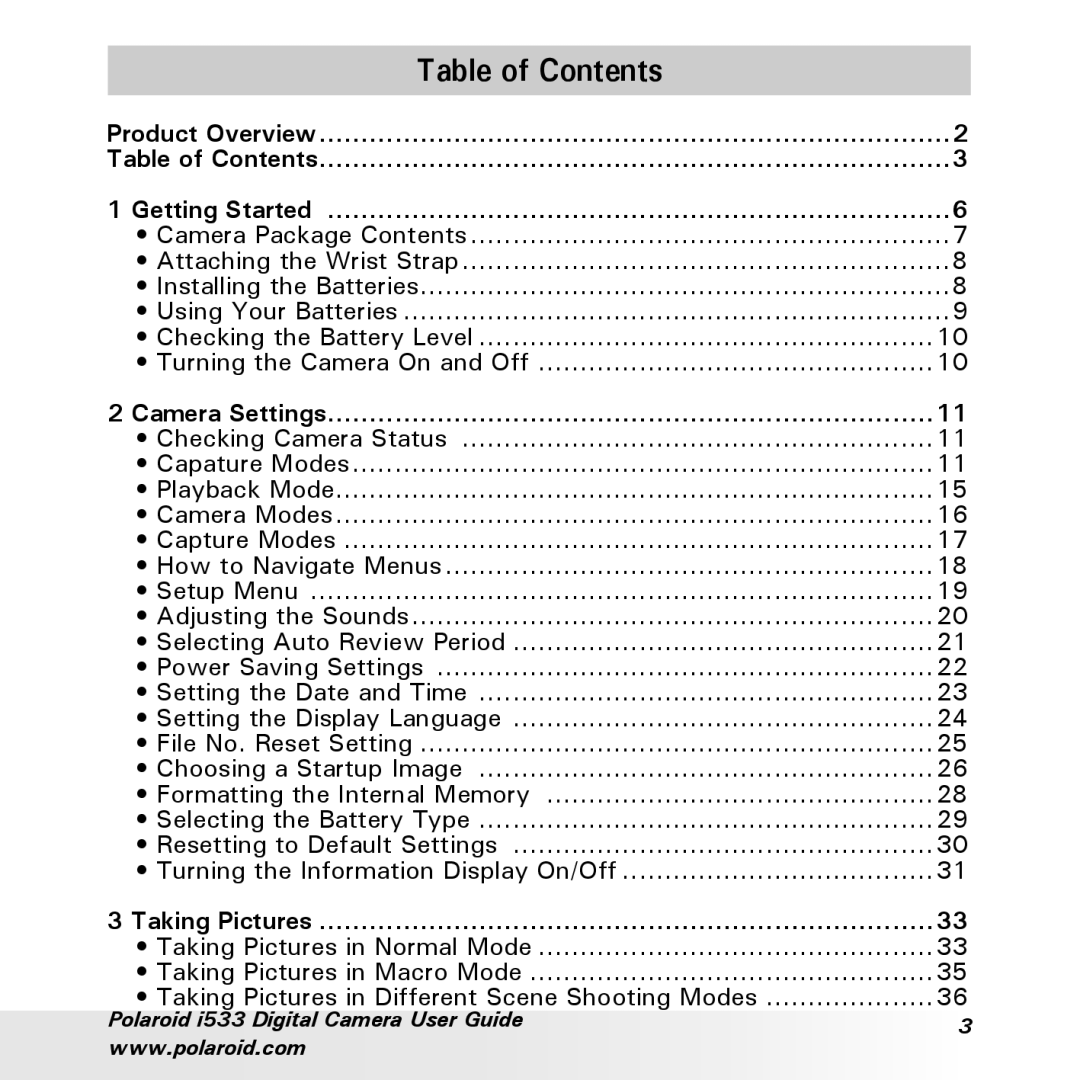 Polaroid I533 manual Table of Contents, Product Overview, Getting Started, Camera Settings, Taking Pictures 