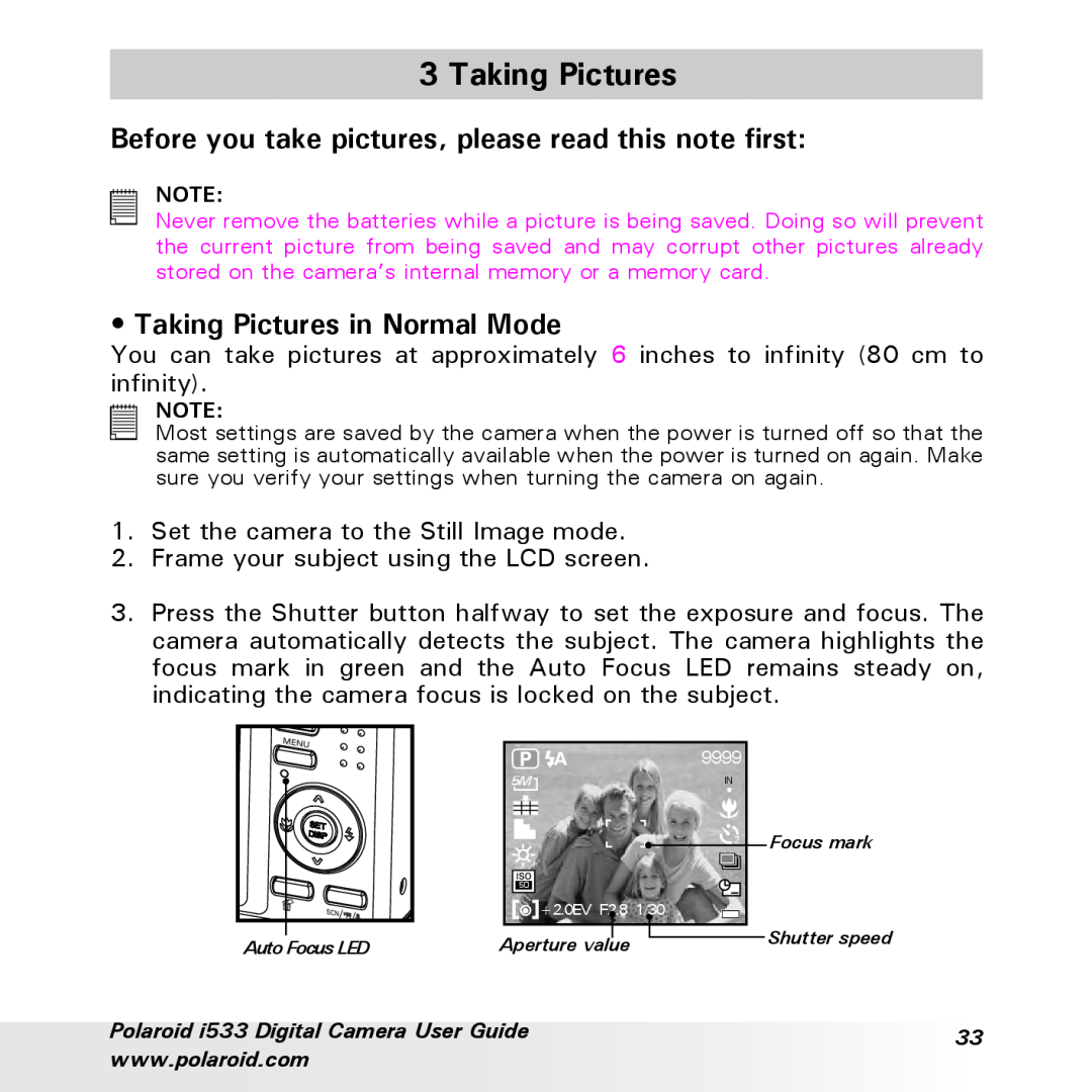 Polaroid I533 manual Before you take pictures, please read this note first, Taking Pictures in Normal Mode 