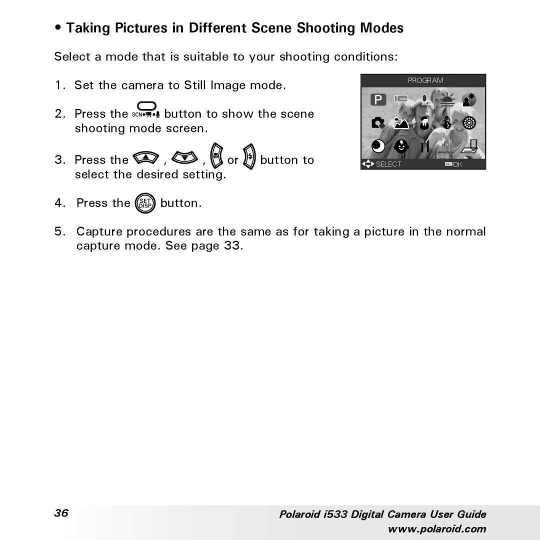 Polaroid I533 manual Taking Pictures in Different Scene Shooting Modes 
