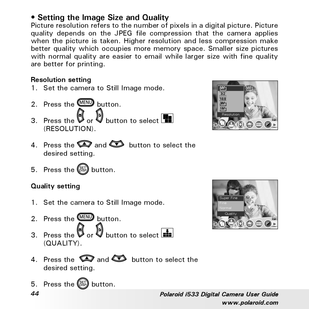 Polaroid I533 manual Setting the Image Size and Quality, Resolution setting, Quality setting 