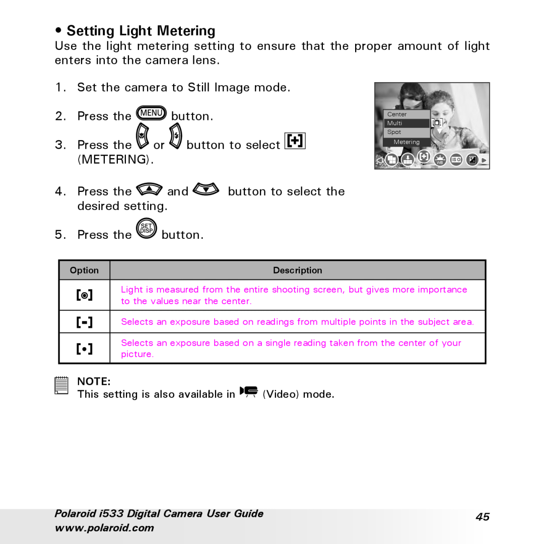 Polaroid I533 manual Setting Light Metering, Description 