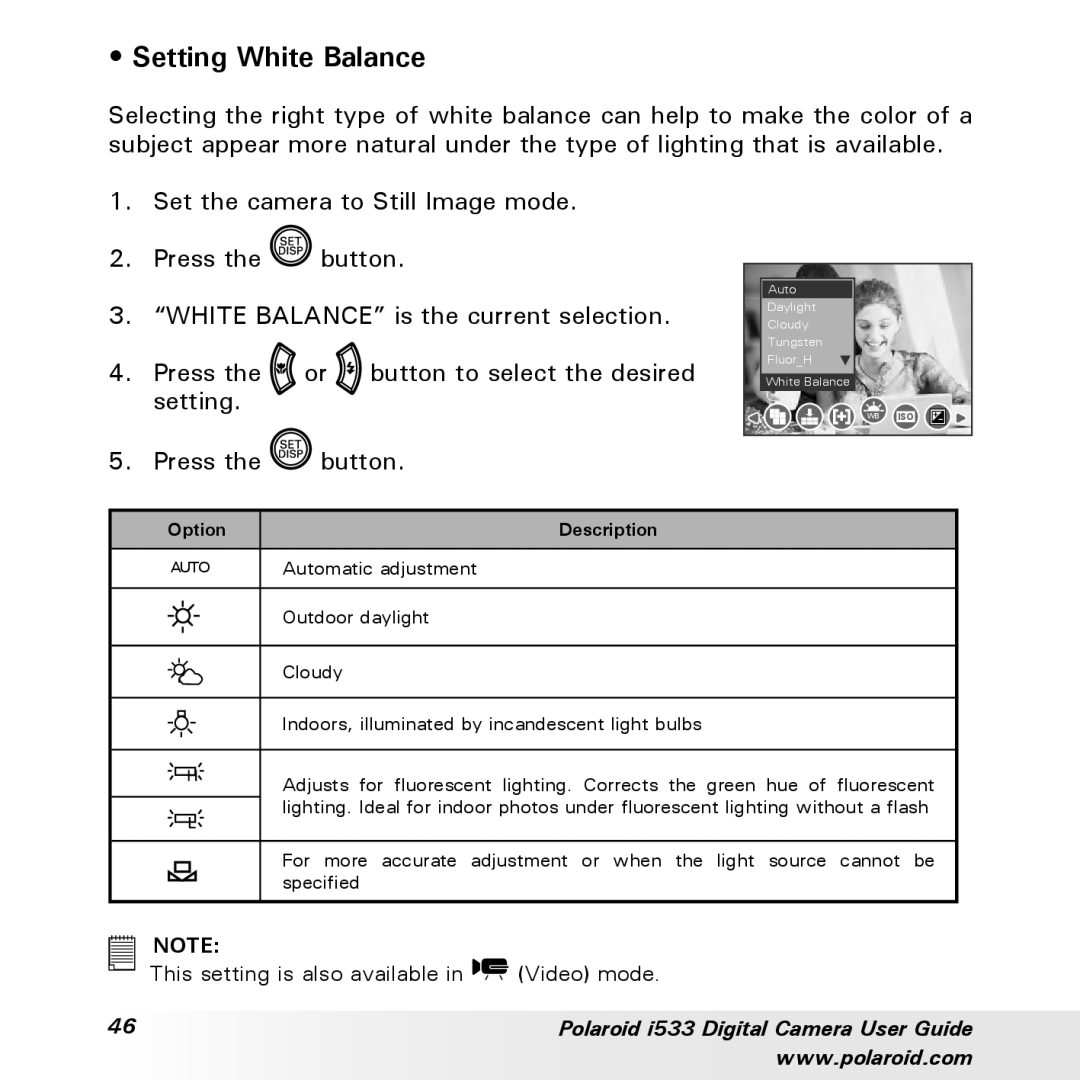Polaroid I533 manual Setting White Balance 