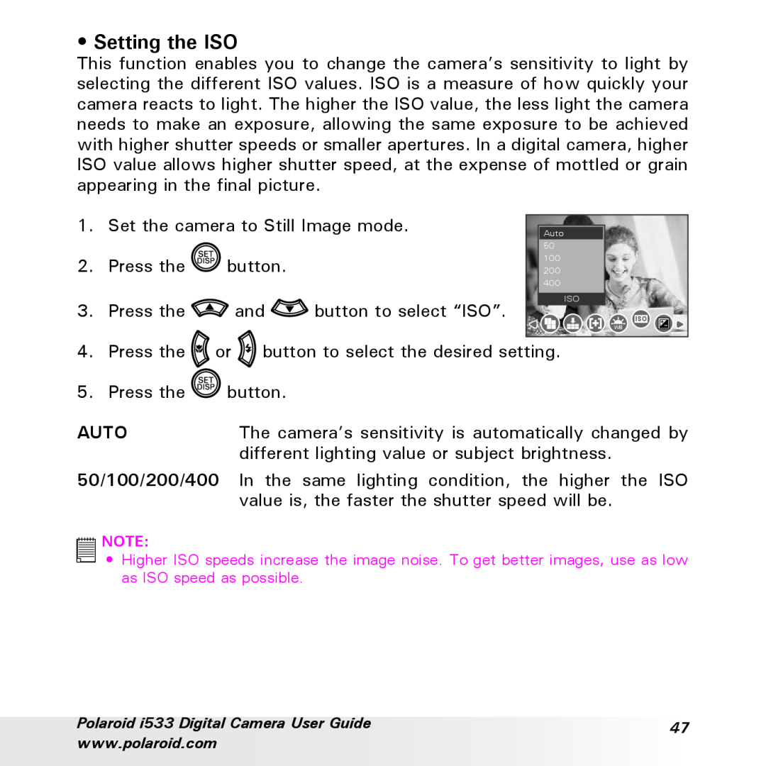 Polaroid I533 manual Setting the ISO, Auto 
