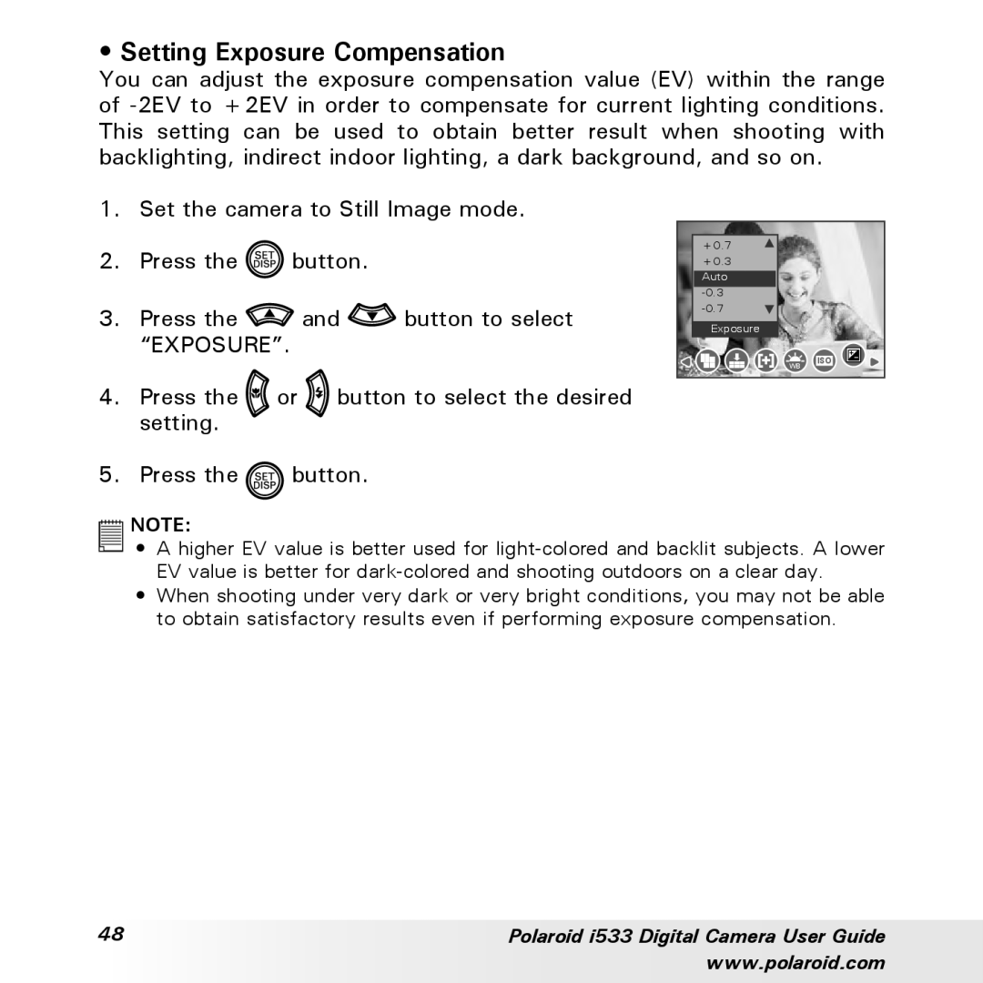 Polaroid I533 manual Setting Exposure Compensation, +0.7 +0.3 Auto 0.7 Exposure 
