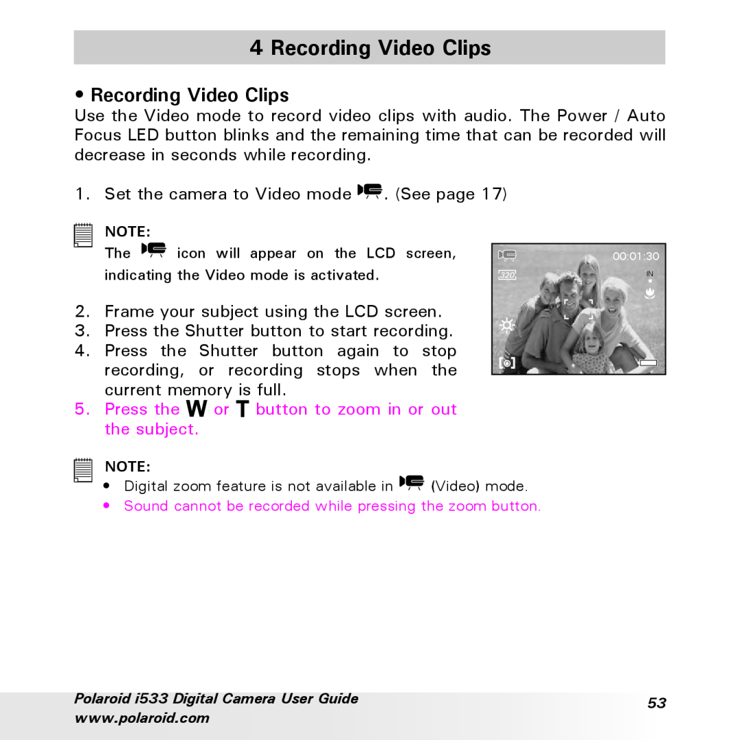 Polaroid I533 manual Recording Video Clips 