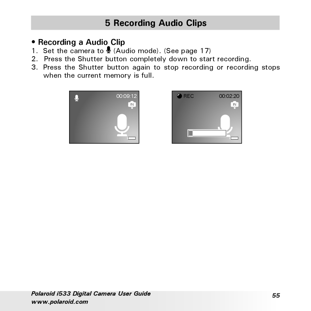 Polaroid I533 manual Recording Audio Clips, Recording a Audio Clip, Polaroid i533 Digital Camera User Guide, 000912 