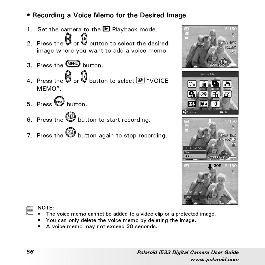 Polaroid I533 manual Recording a Voice Memo for the Desired Image 