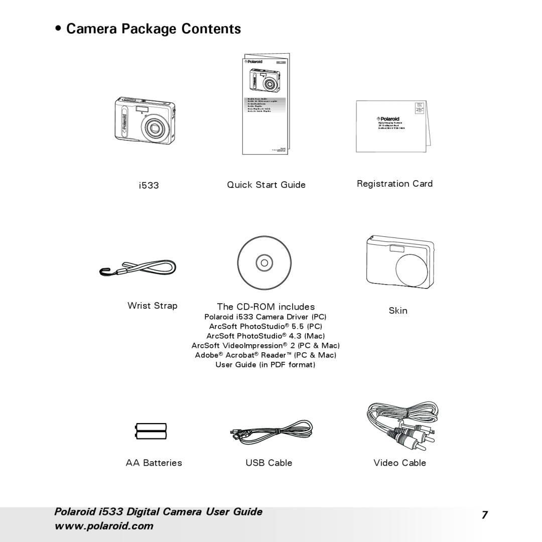 Polaroid I533 manual Camera Package Contents, Polaroid i533 Digital Camera User Guide 