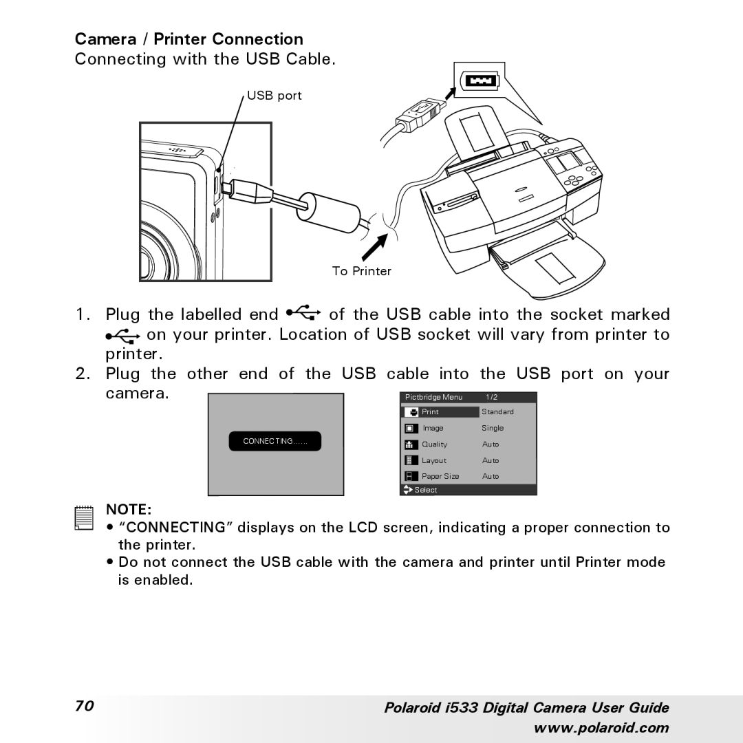 Polaroid I533 manual Camera / Printer Connection 