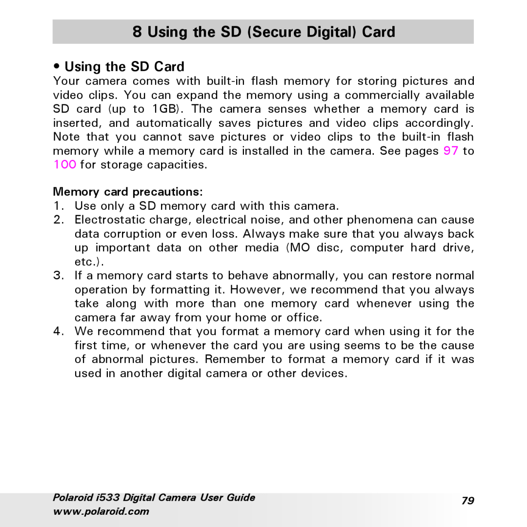 Polaroid I533 manual Using the SD Secure Digital Card, Using the SD Card, Memory card precautions 