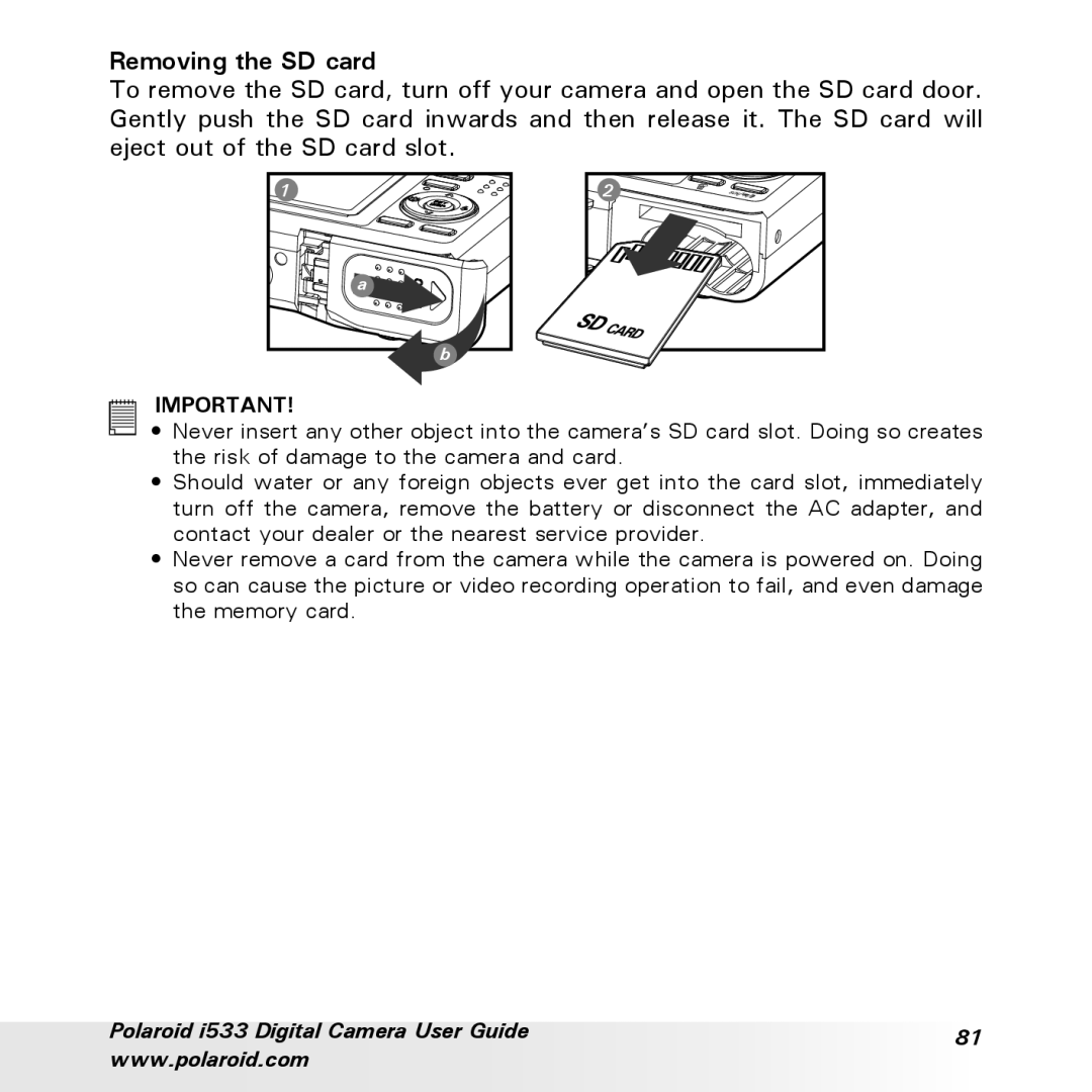 Polaroid I533 manual Removing the SD card, Polaroid i533 Digital Camera User Guide 