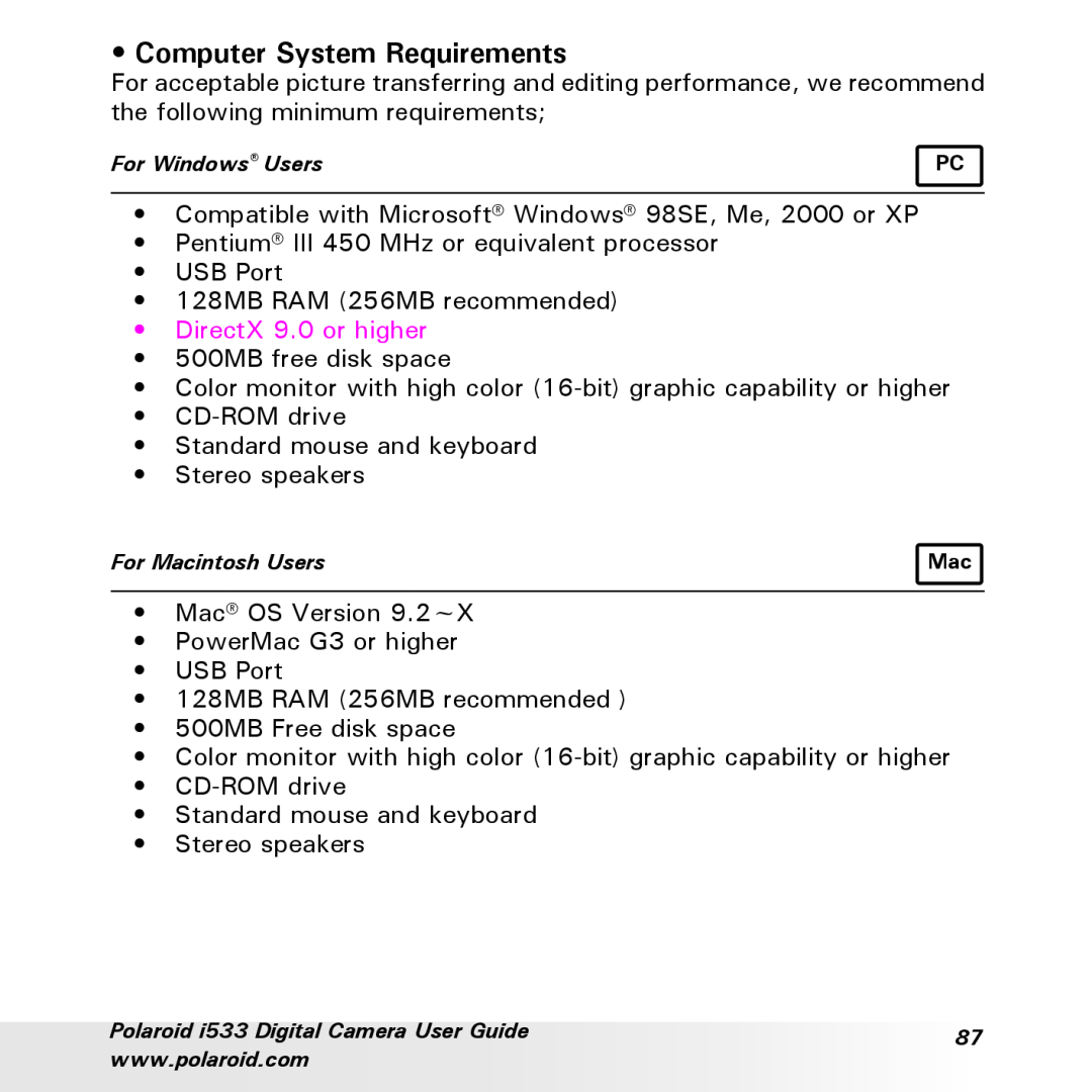 Polaroid I533 manual Computer System Requirements, DirectX 9.0 or higher 