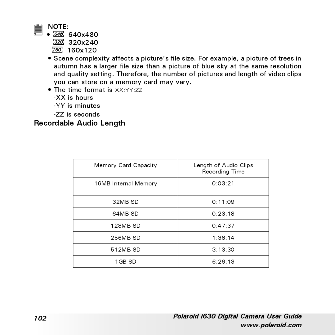 Polaroid i630 manual Recordable Audio Length 