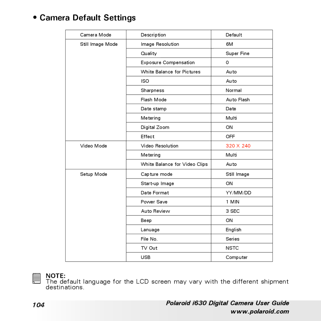 Polaroid i630 manual Camera Default Settings, Off 