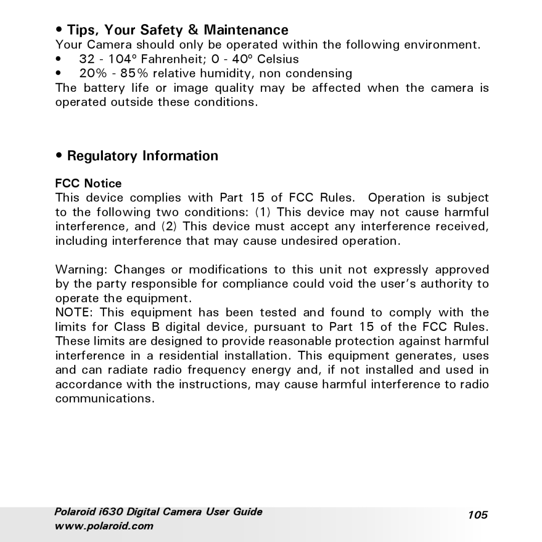 Polaroid i630 manual Tips, Your Safety & Maintenance, Regulatory Information, FCC Notice 