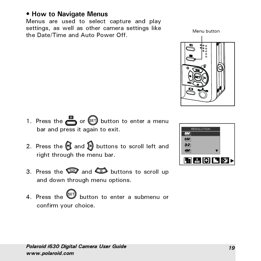 Polaroid i630 manual How to Navigate Menus 