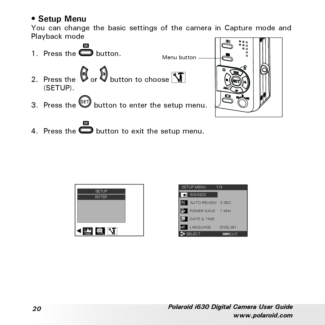 Polaroid i630 manual Setup Menu 