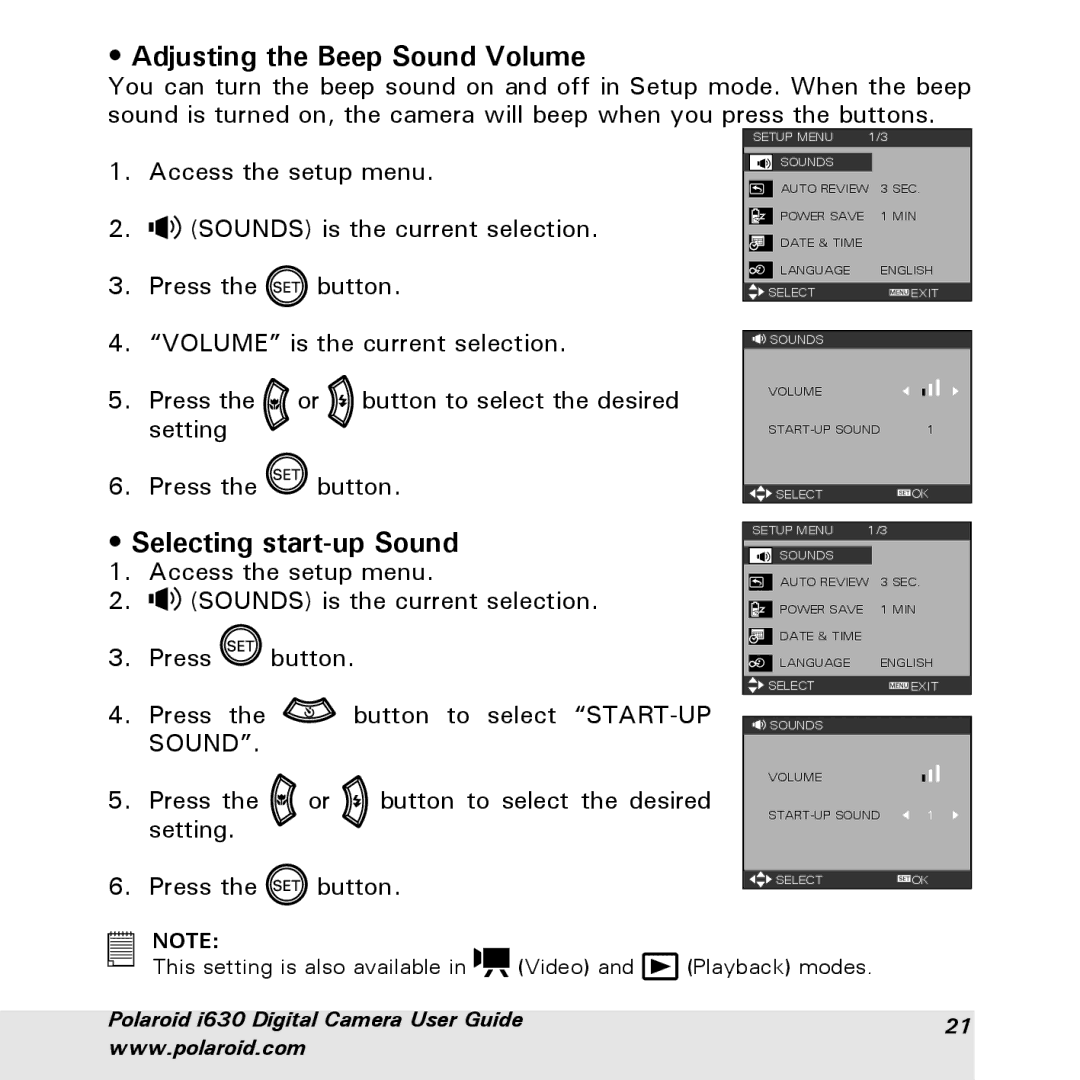 Polaroid i630 manual Adjusting the Beep Sound Volume, Selecting start-up Sound 