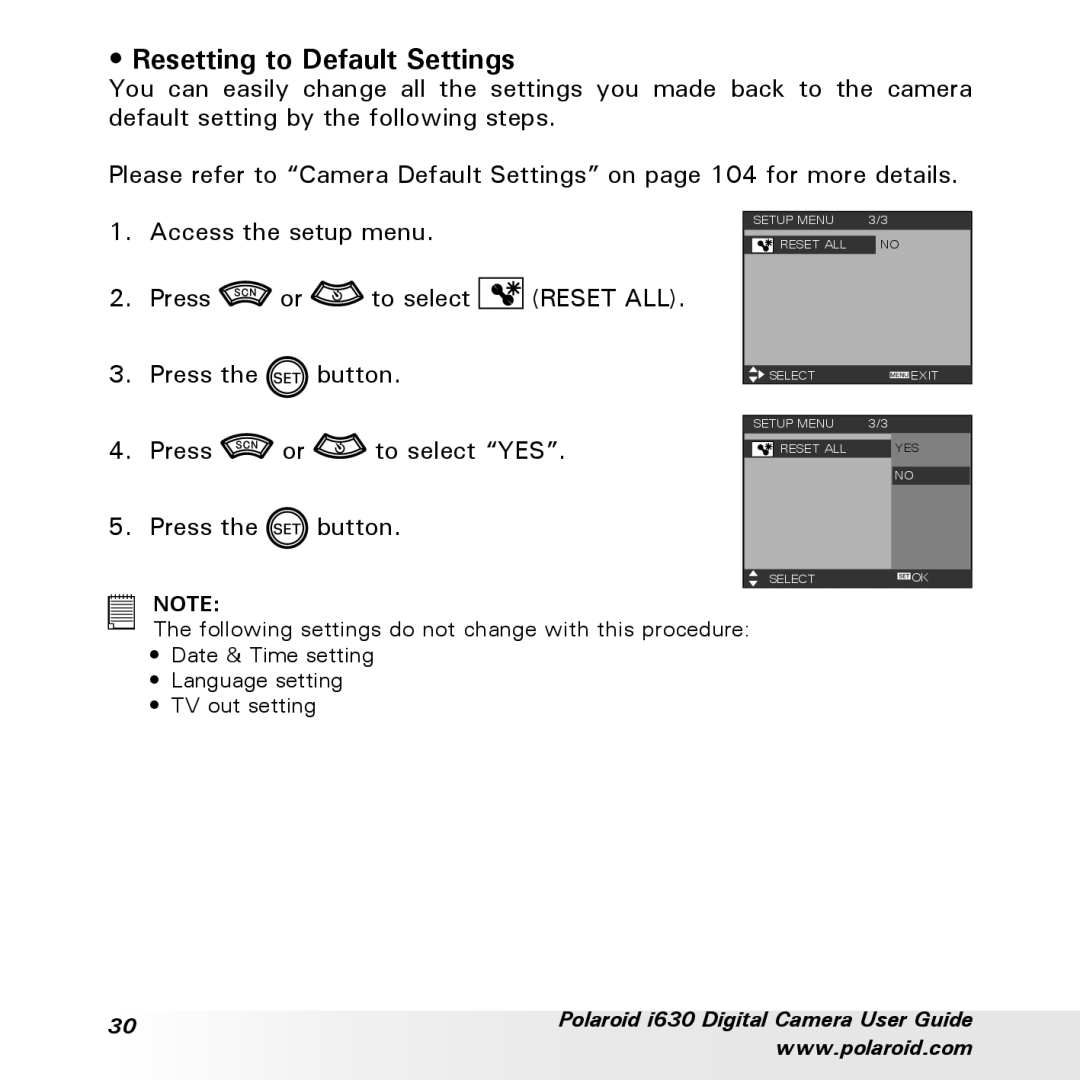 Polaroid i630 manual Resetting to Default Settings 