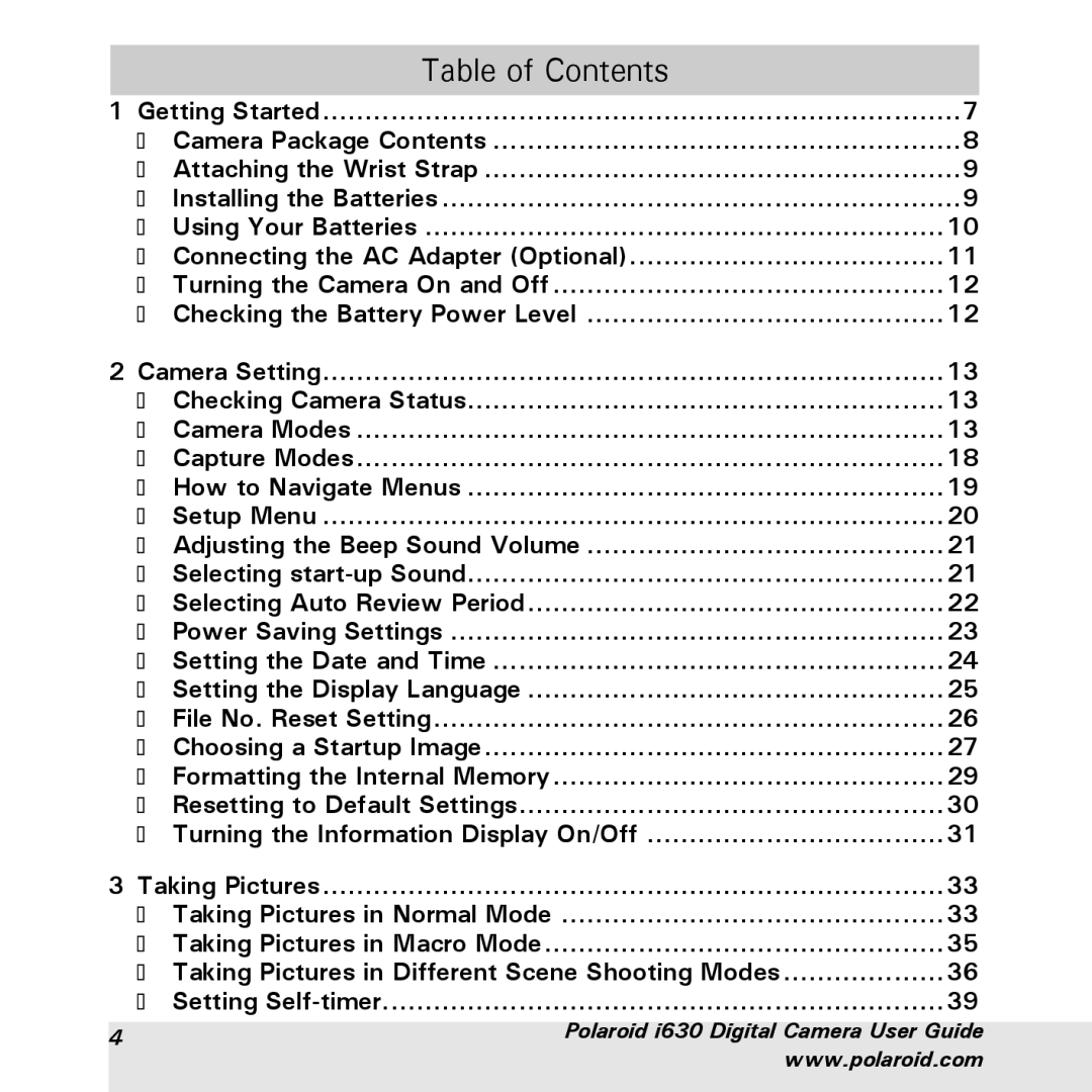 Polaroid i630 manual Table of Contents 