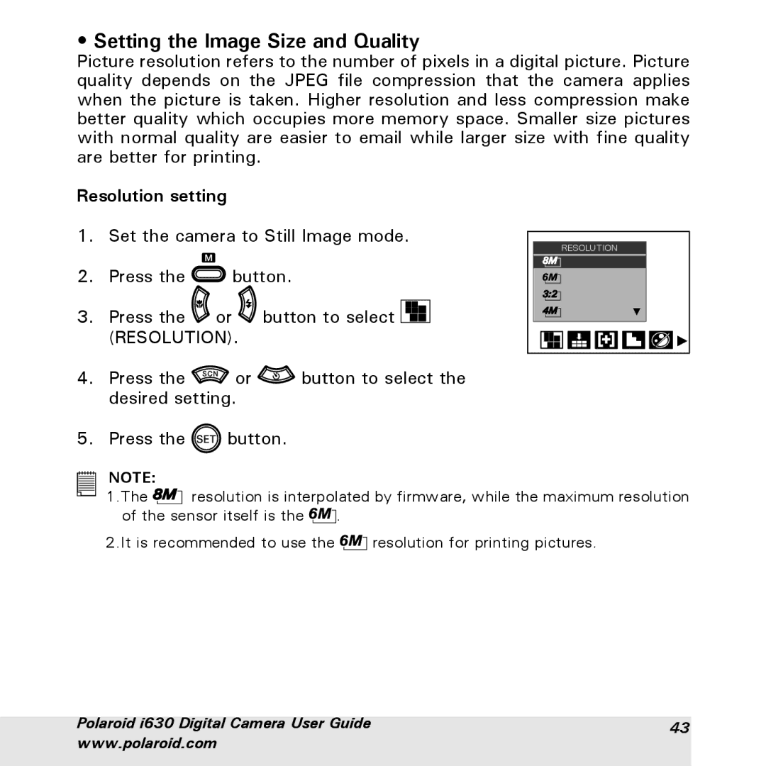 Polaroid i630 manual Setting the Image Size and Quality, Resolution setting 