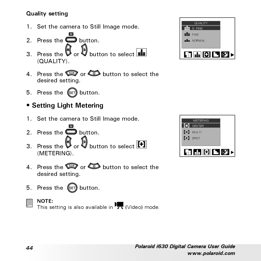 Polaroid i630 manual Setting Light Metering, Quality setting 