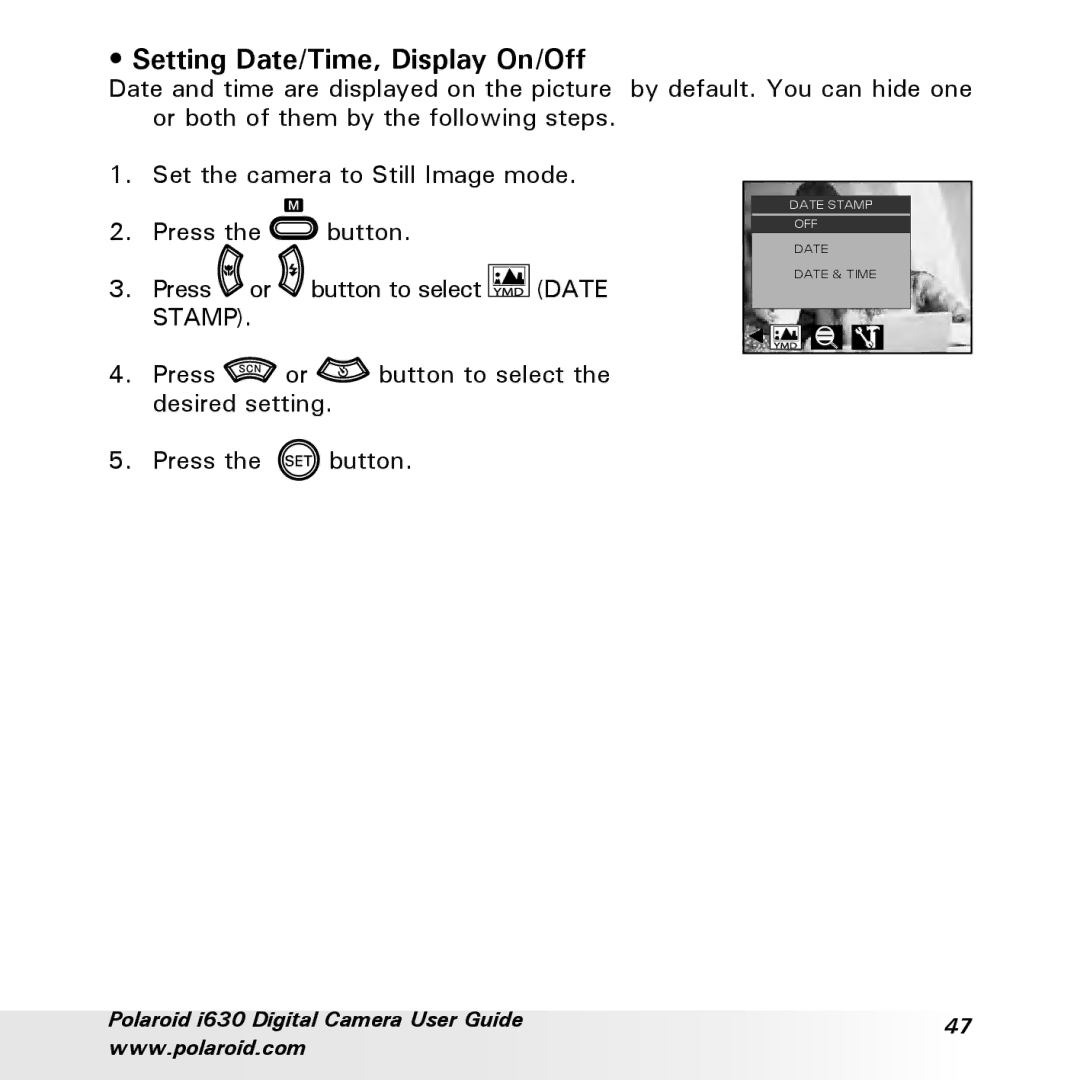 Polaroid i630 manual Setting Date/Time, Display On/Off 