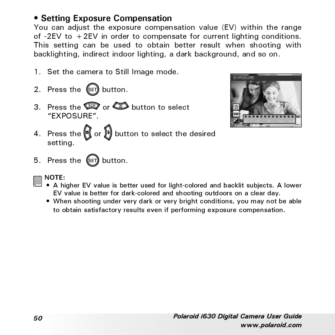 Polaroid i630 manual Setting Exposure Compensation 