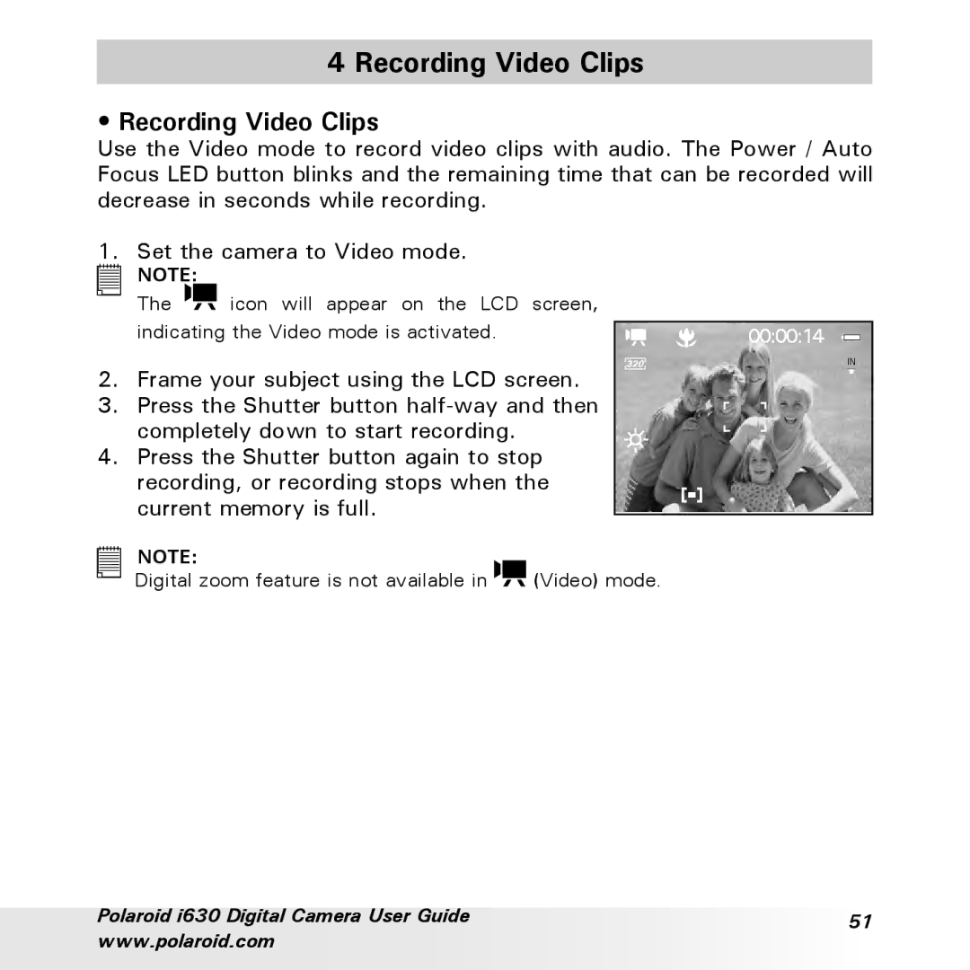 Polaroid i630 manual Recording Video Clips 