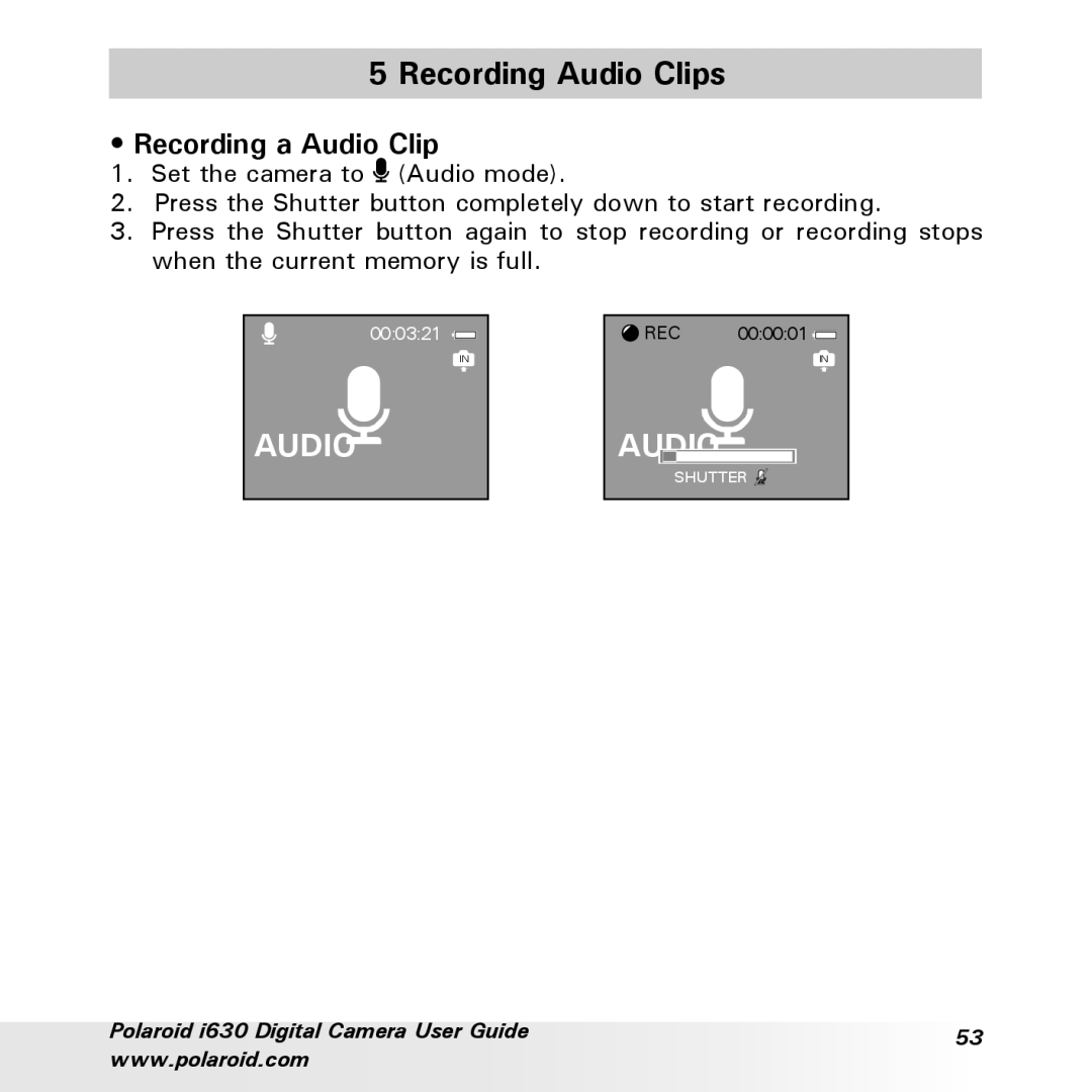 Polaroid i630 manual Recording Audio Clips, Recording a Audio Clip 