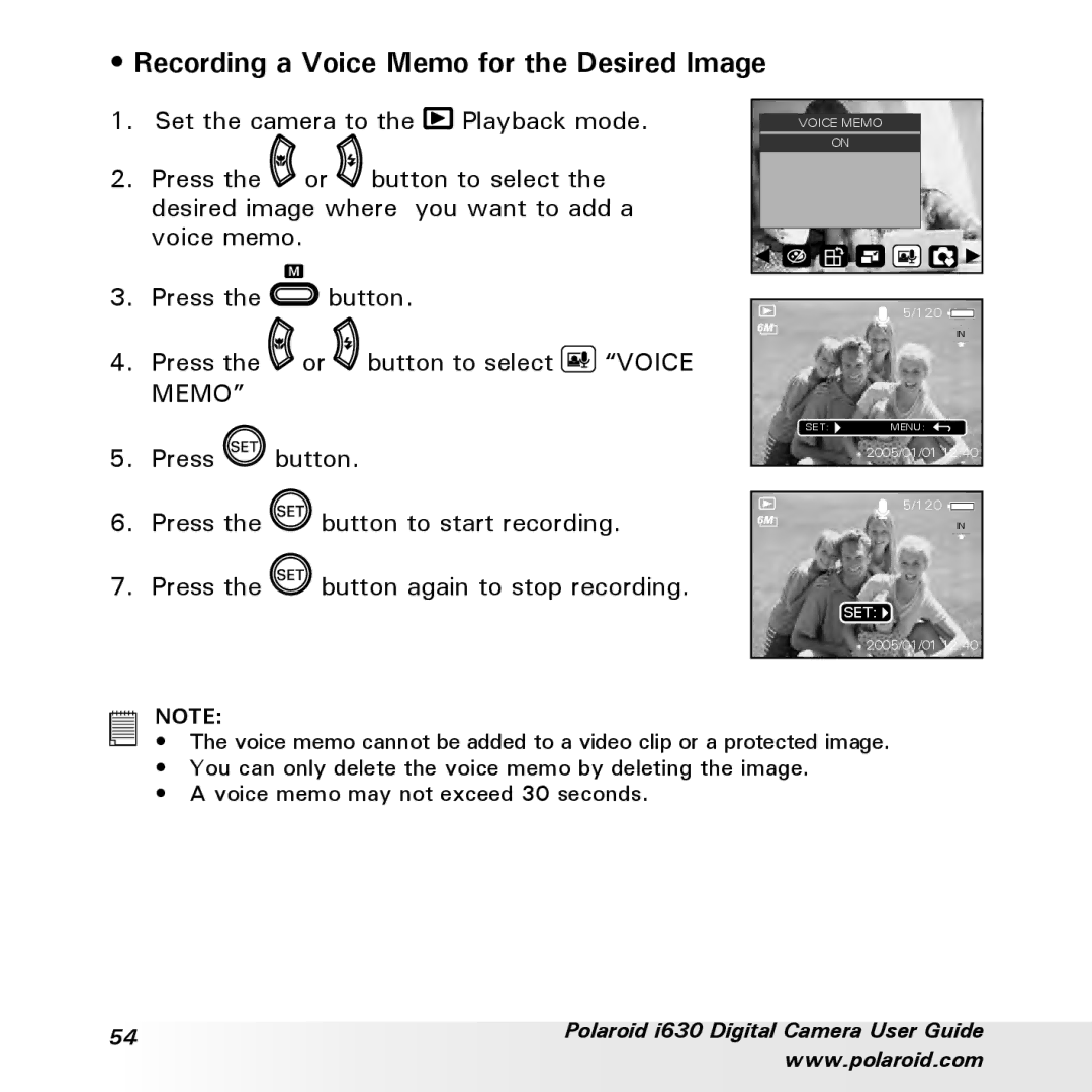 Polaroid i630 manual Recording a Voice Memo for the Desired Image 