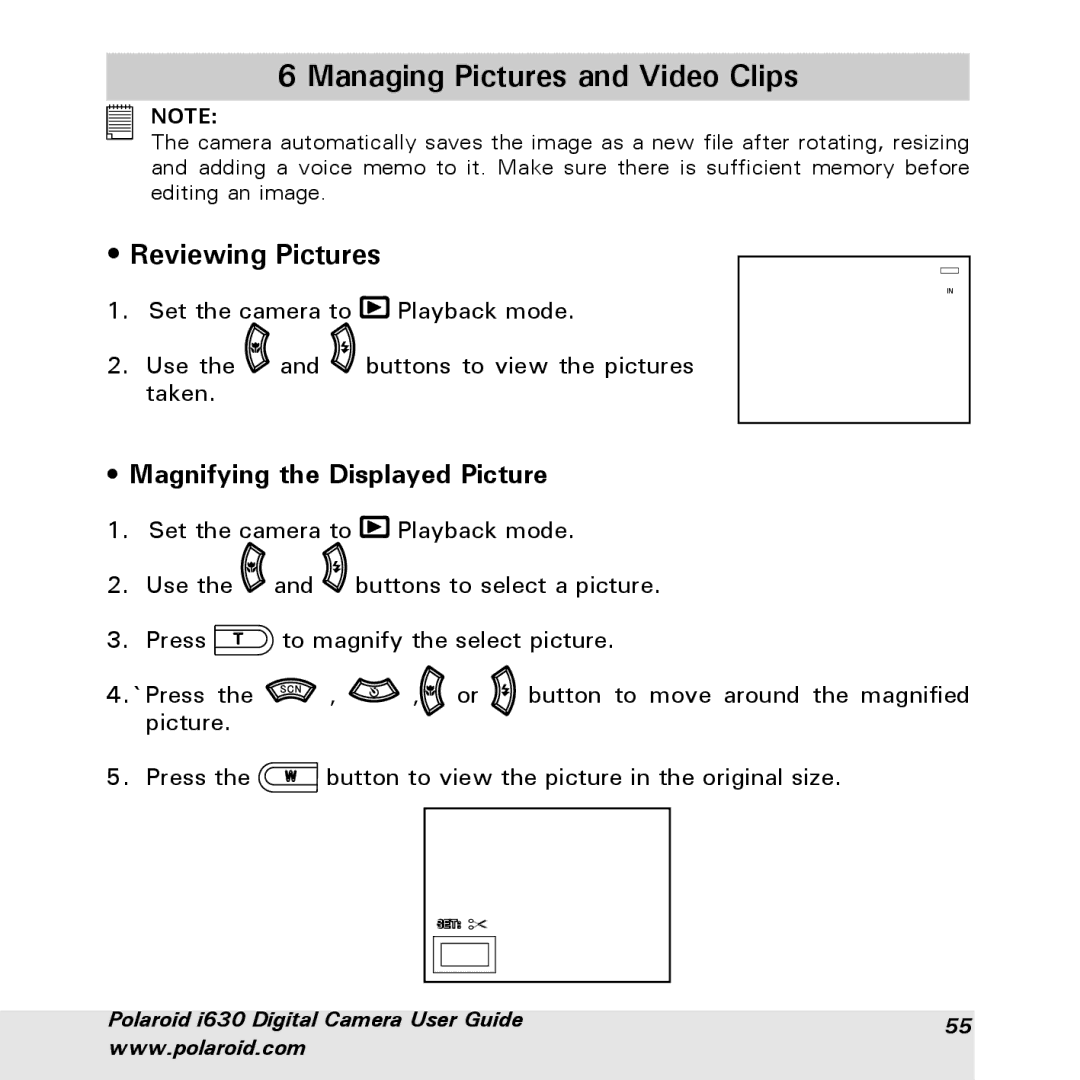 Polaroid i630 manual Managing Pictures and Video Clips, Reviewing Pictures, Magnifying the Displayed Picture 