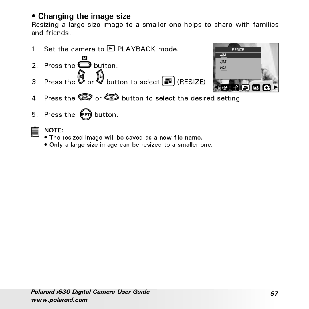 Polaroid i630 manual Changing the image size, Resize 