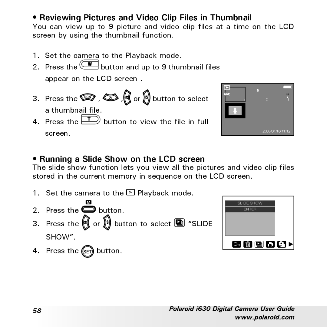 Polaroid i630 manual Reviewing Pictures and Video Clip Files in Thumbnail, Running a Slide Show on the LCD screen 