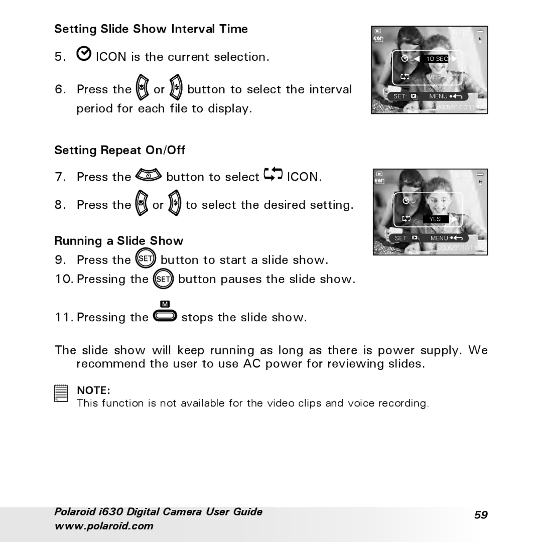 Polaroid i630 manual Setting Slide Show Interval Time, Setting Repeat On/Off, Running a Slide Show 