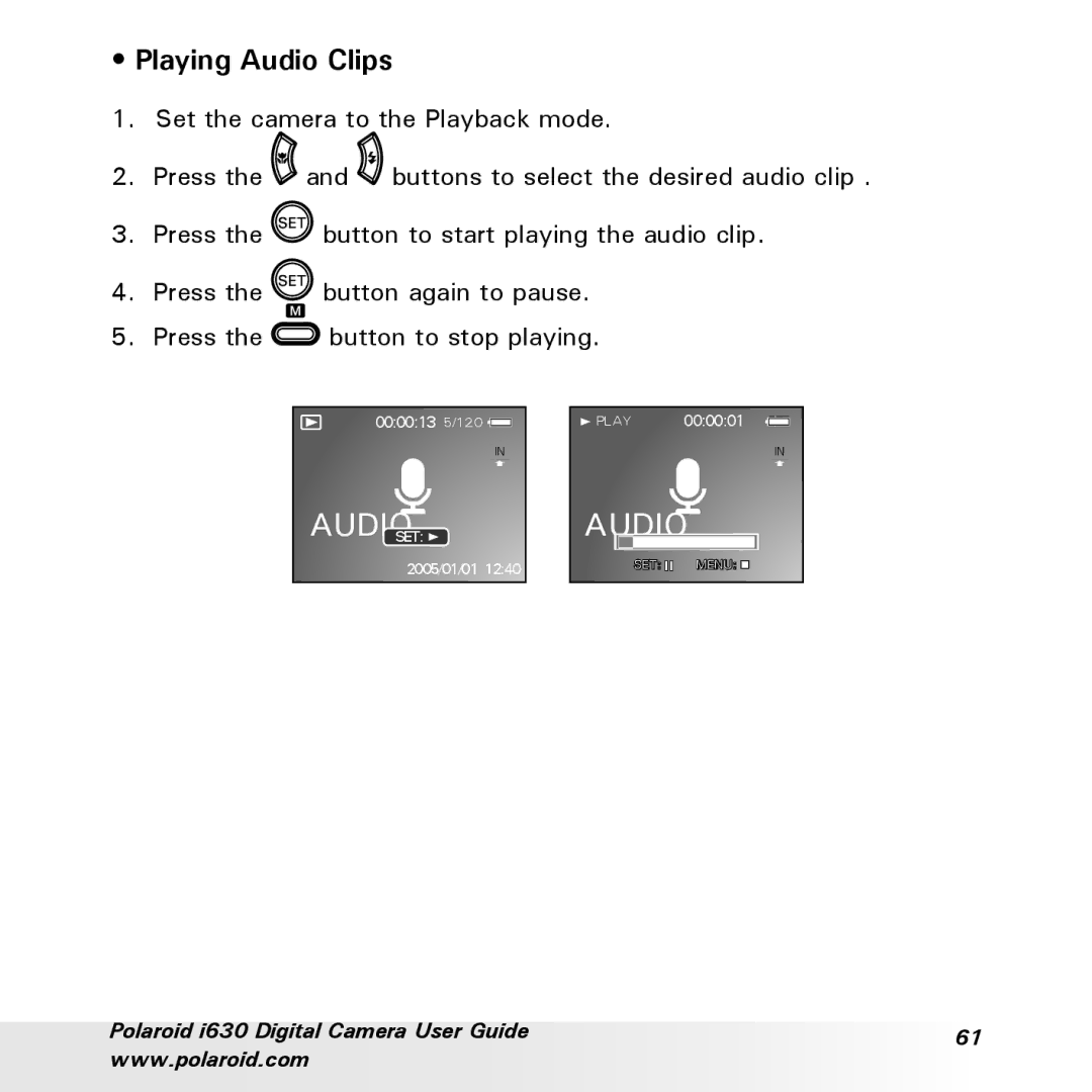 Polaroid i630 manual Playing Audio Clips 