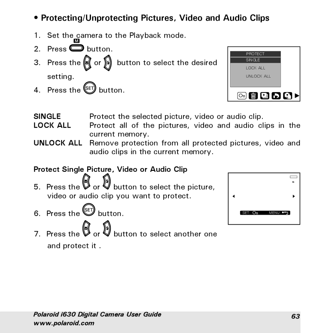 Polaroid i630 manual Protecting/Unprotecting Pictures, Video and Audio Clips, Protect Single Picture, Video or Audio Clip 