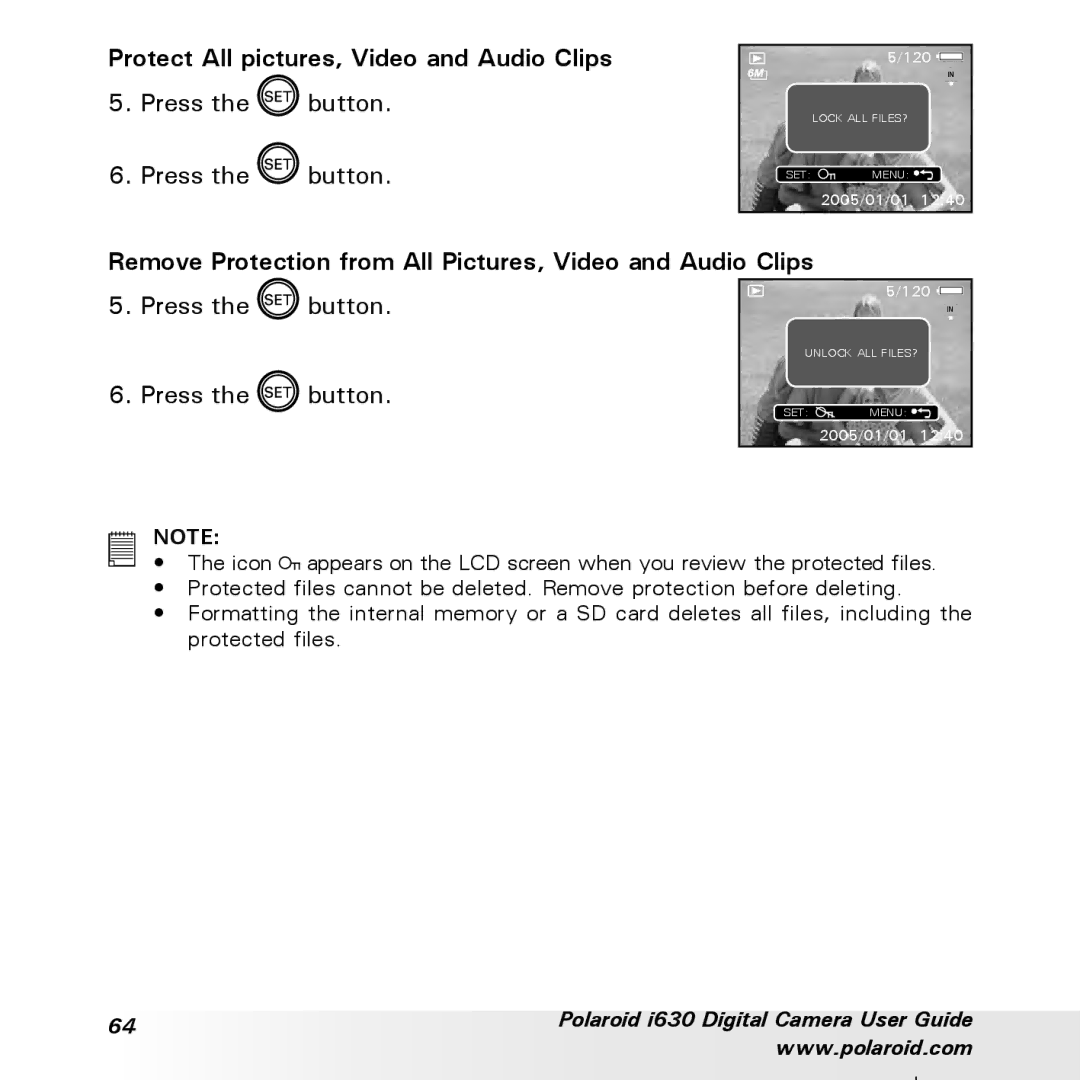 Polaroid i630 Protect All pictures, Video and Audio Clips, Remove Protection from All Pictures, Video and Audio Clips 