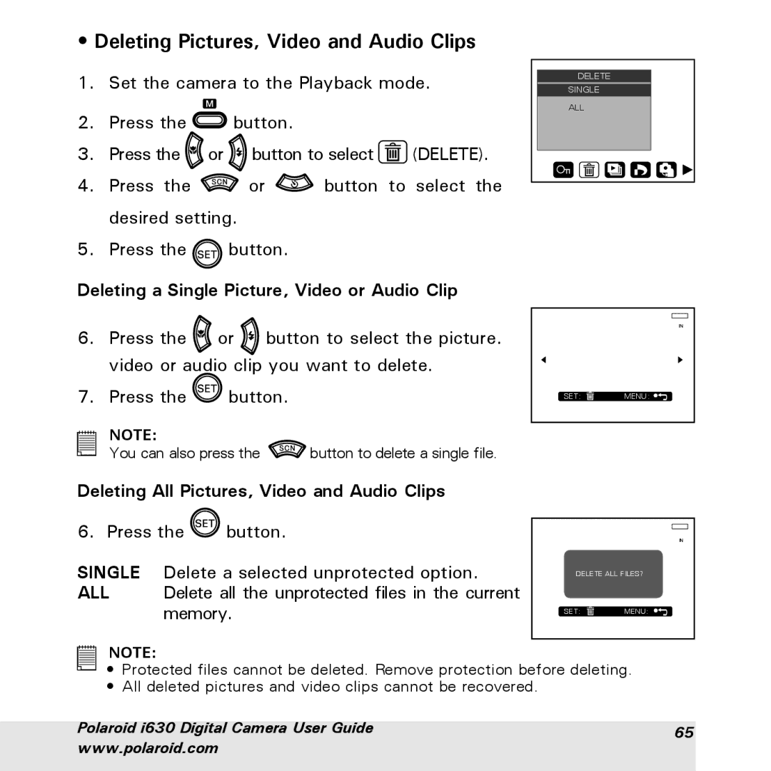 Polaroid i630 manual Deleting Pictures, Video and Audio Clips, Deleting a Single Picture, Video or Audio Clip 