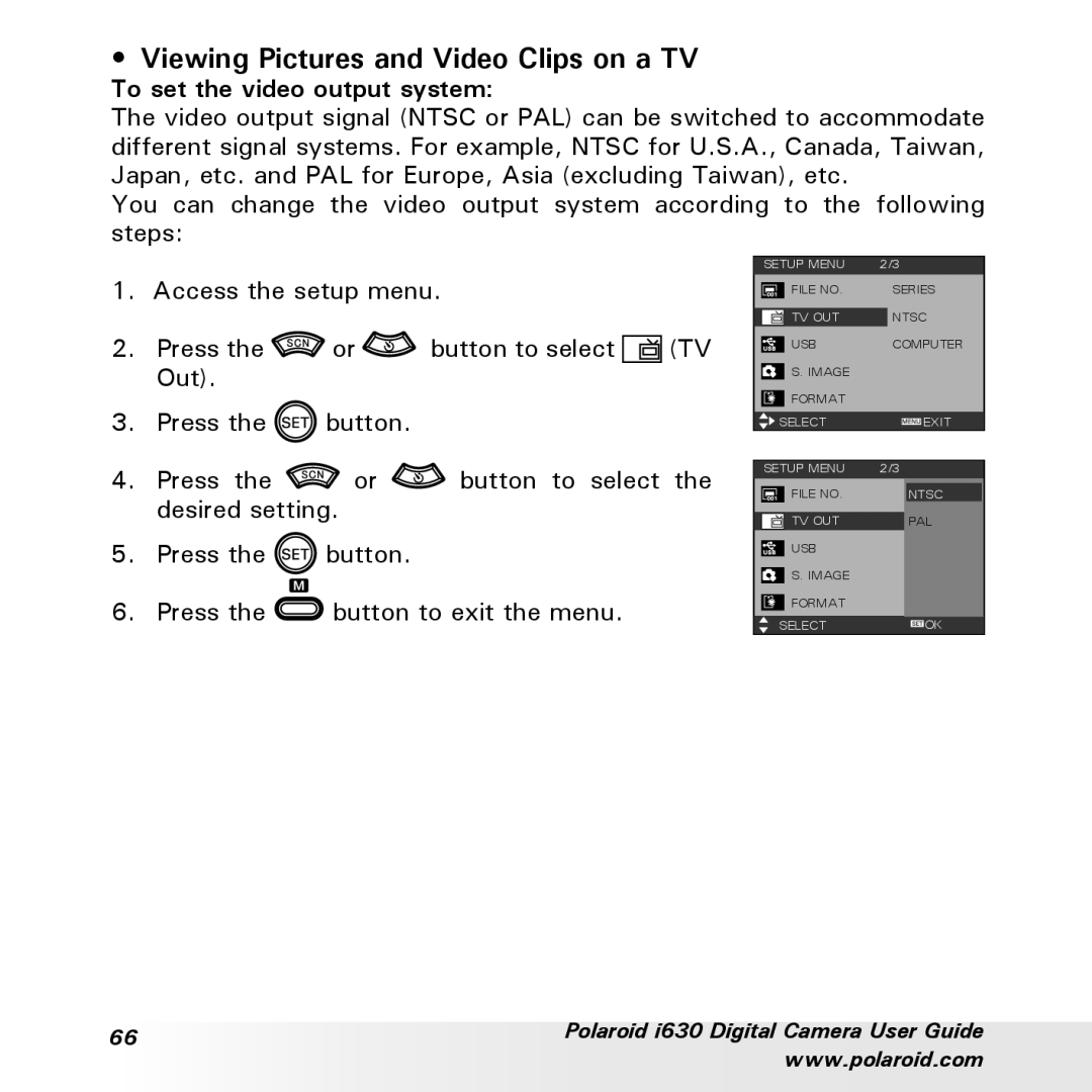 Polaroid i630 manual Viewing Pictures and Video Clips on a TV, To set the video output system 