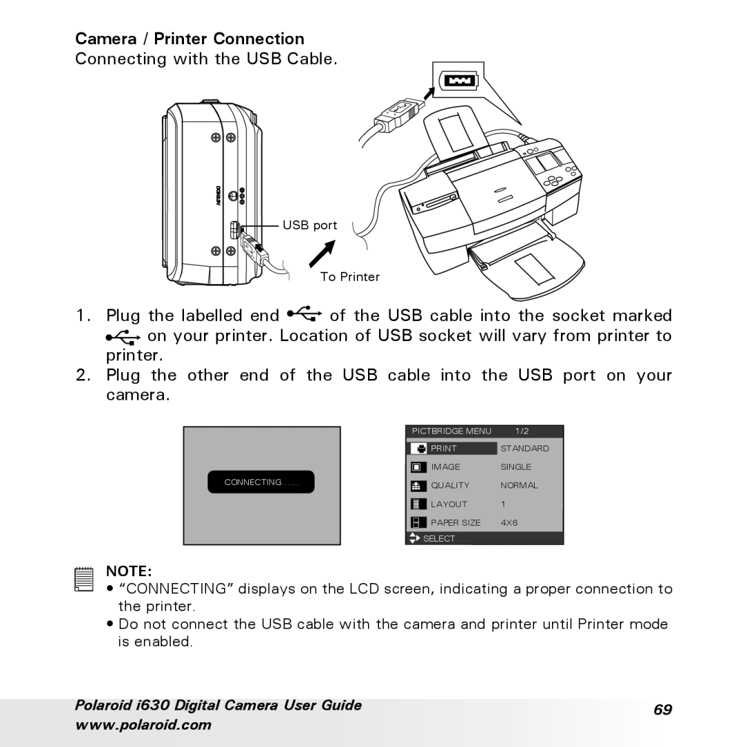 Polaroid i630 manual Camera / Printer Connection 