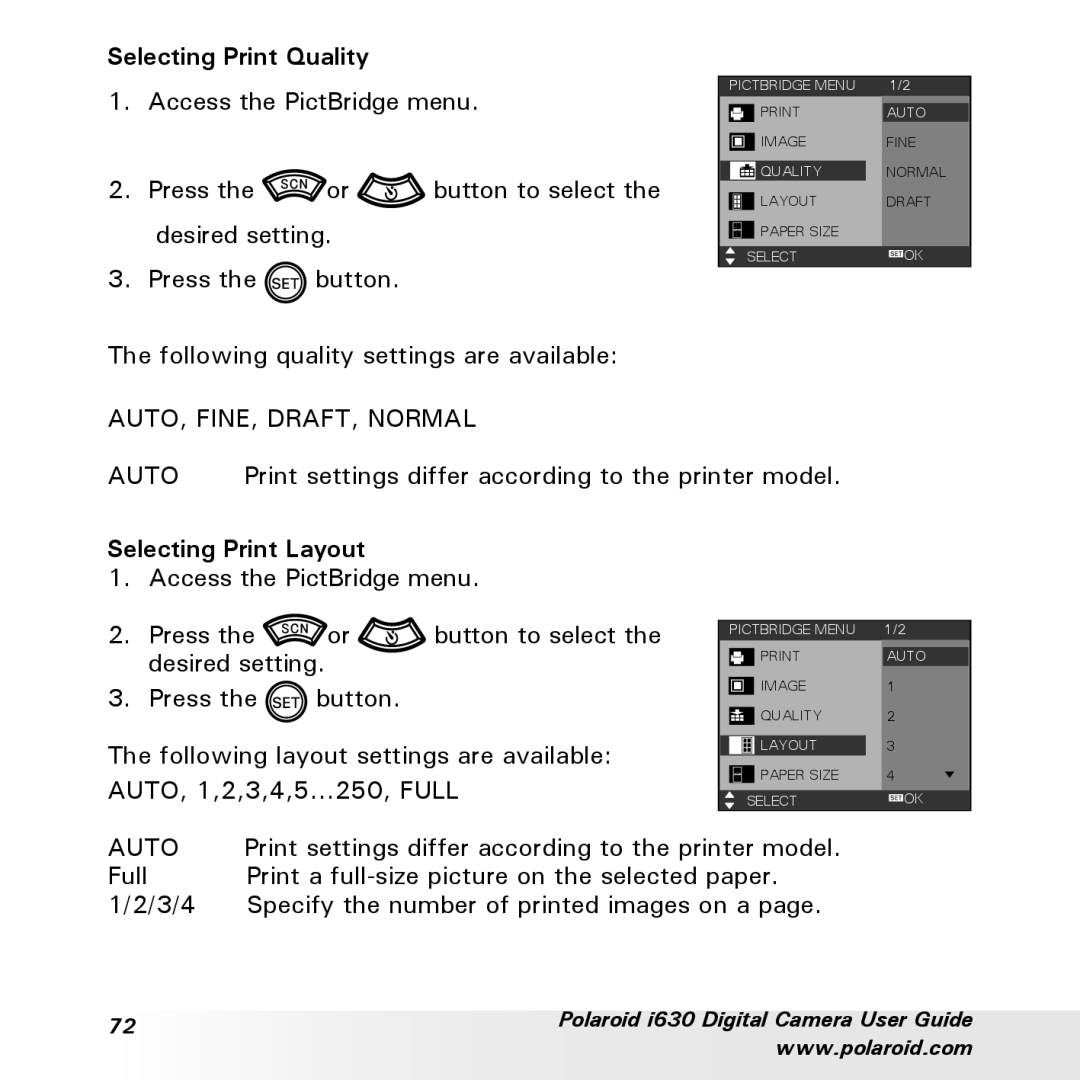 Polaroid i630 manual Selecting Print Quality, Selecting Print Layout 