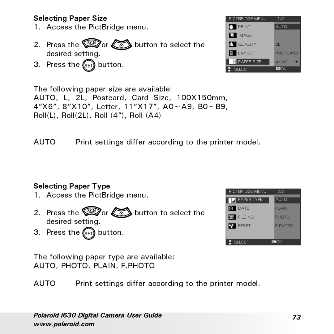 Polaroid i630 manual Selecting Paper Size, Selecting Paper Type 