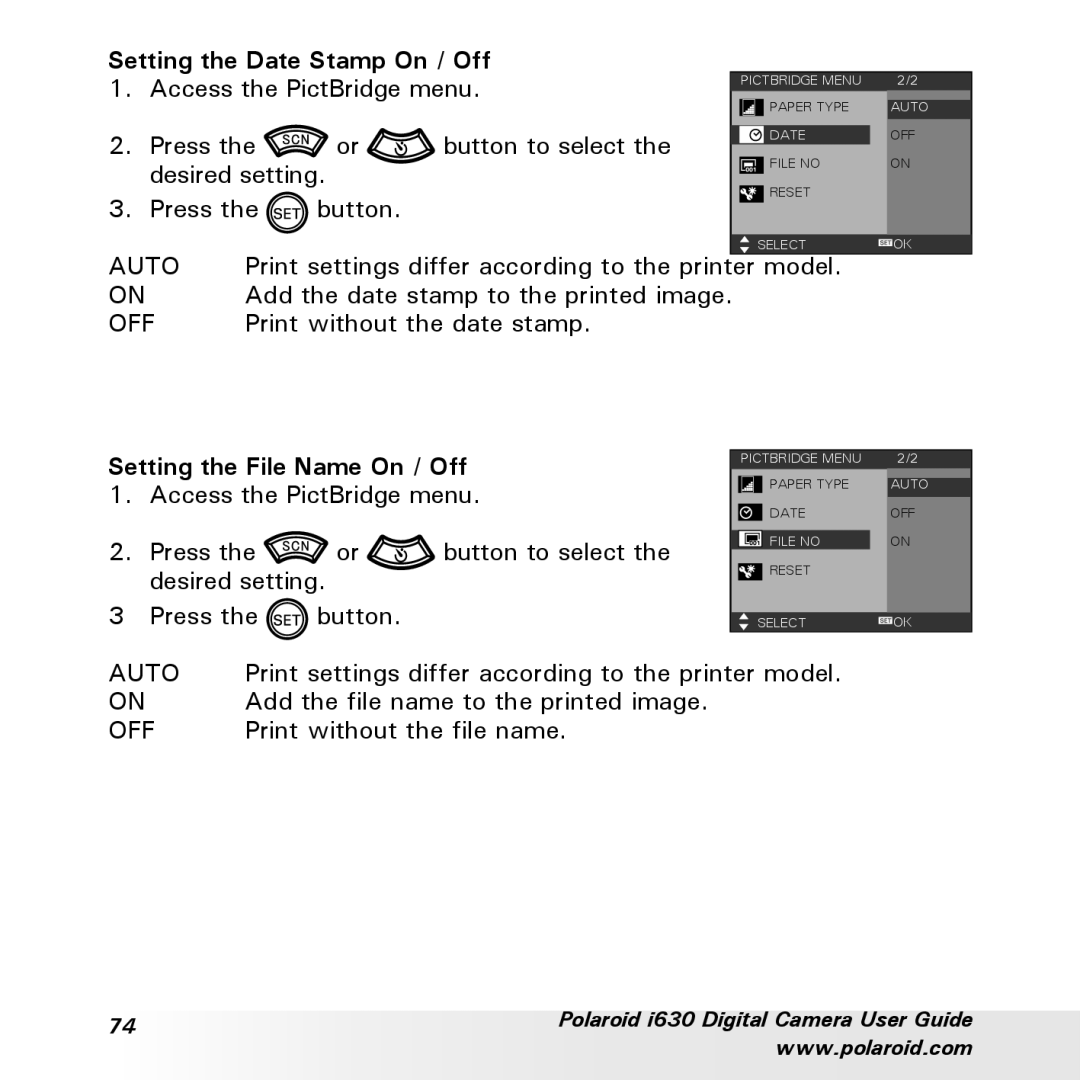 Polaroid i630 manual Setting the Date Stamp On / Off, Setting the File Name On / Off 