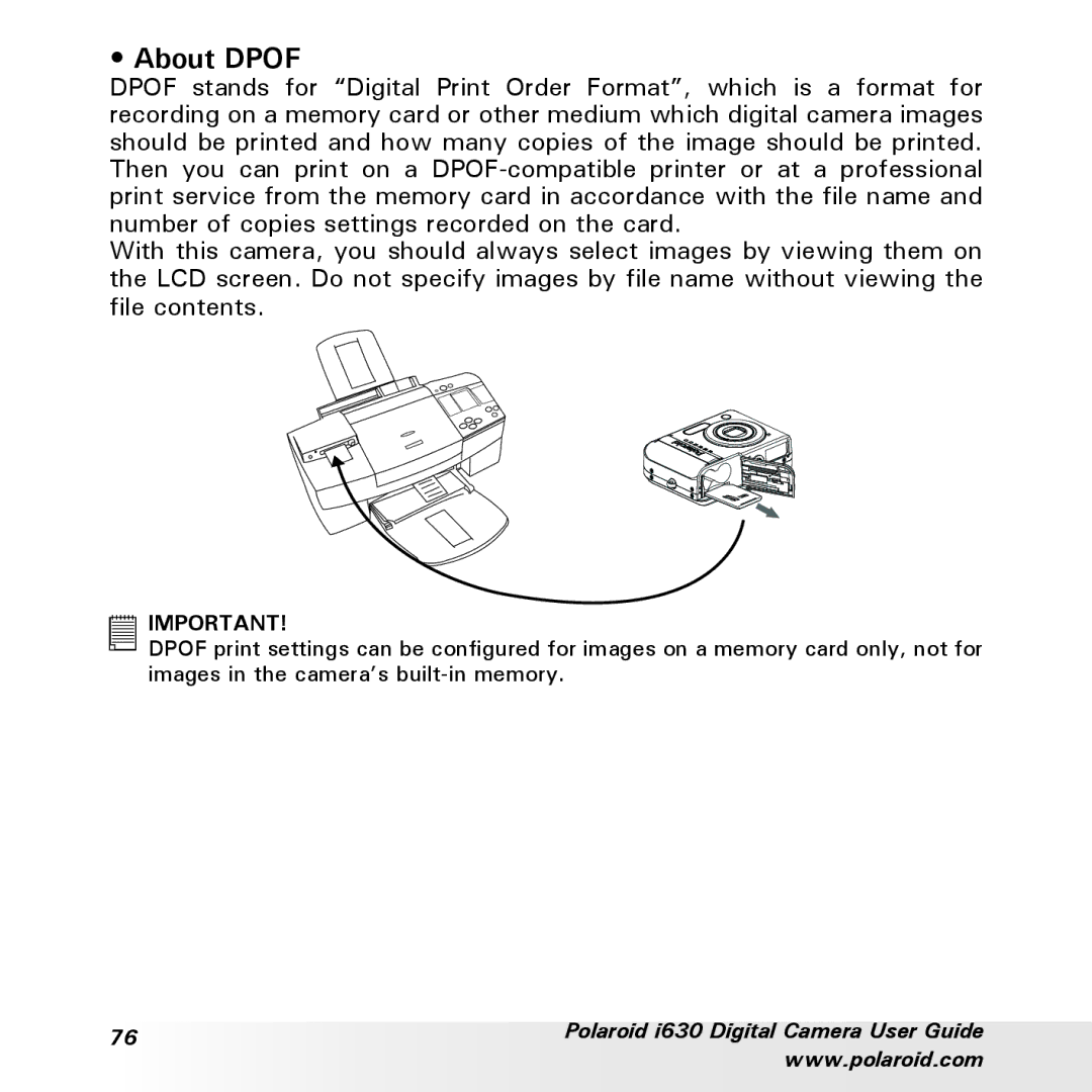 Polaroid i630 manual About Dpof 