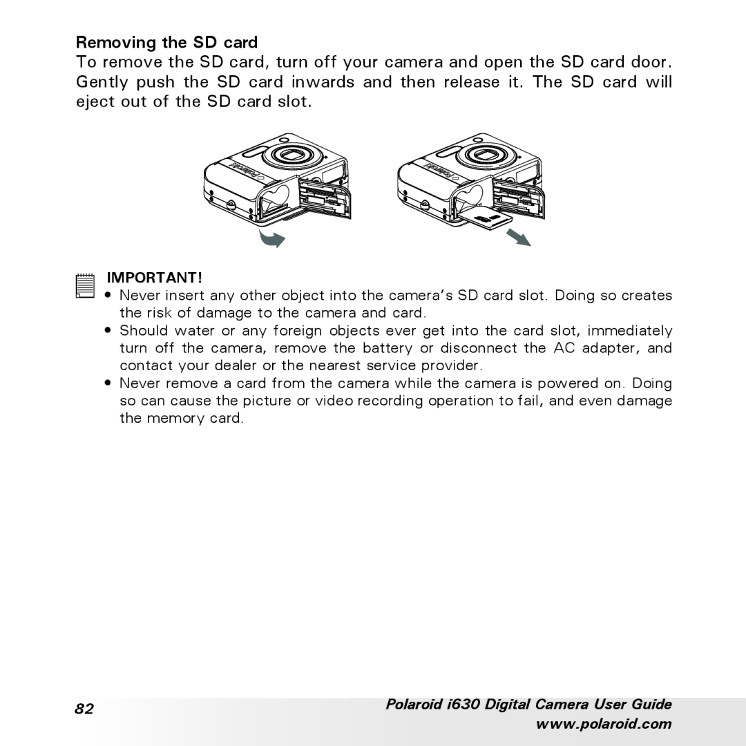 Polaroid i630 manual Removing the SD card 