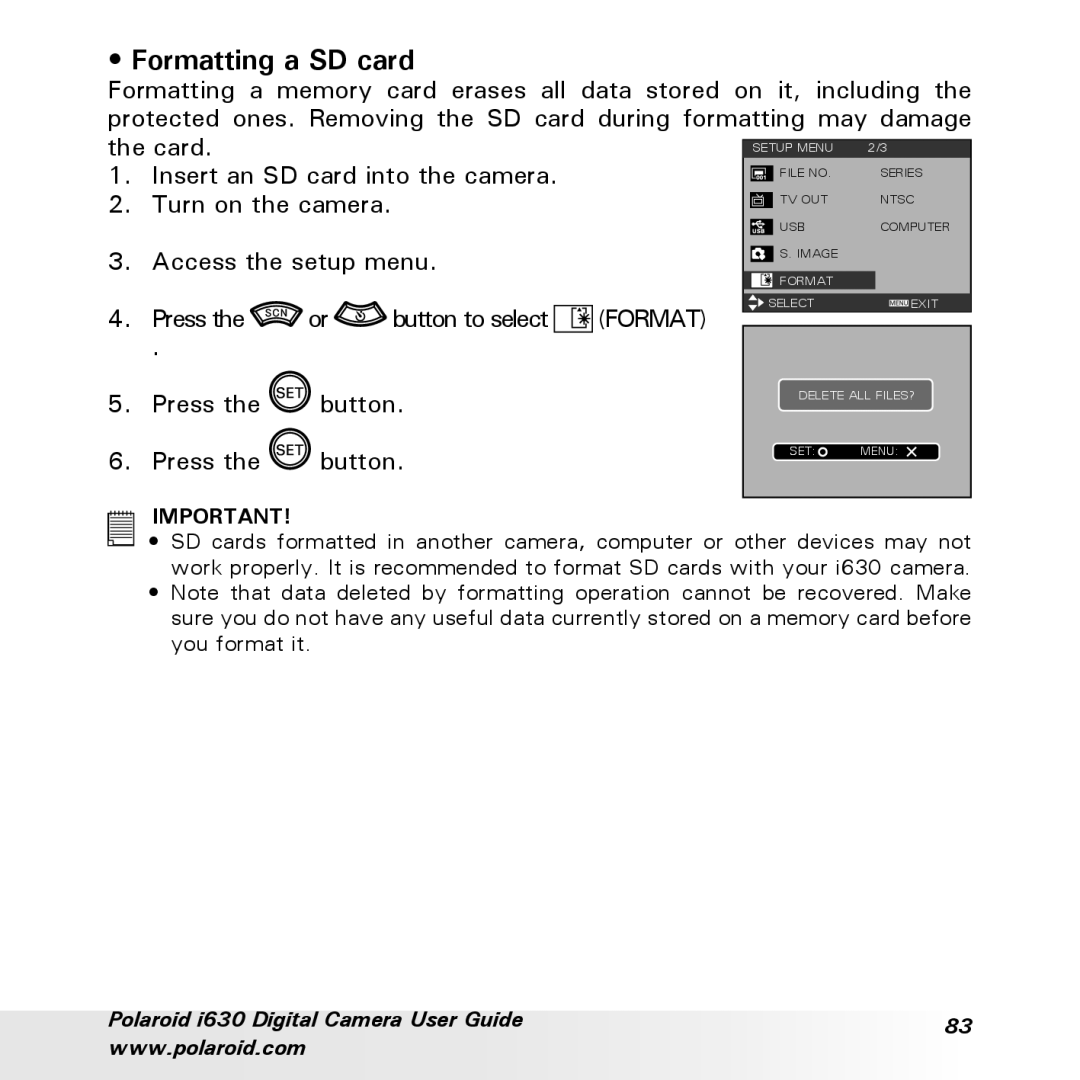 Polaroid i630 manual Formatting a SD card 