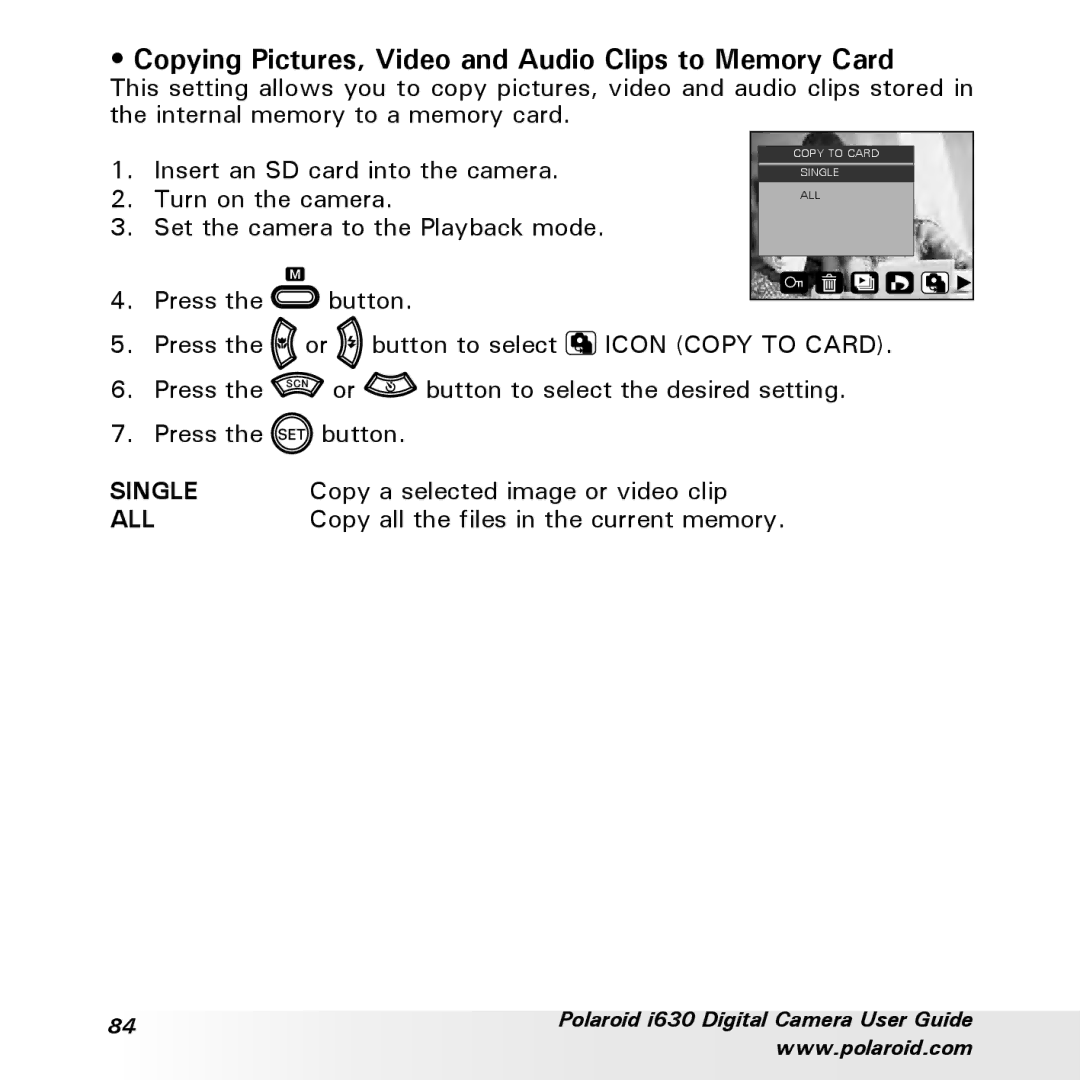 Polaroid i630 manual Copying Pictures, Video and Audio Clips to Memory Card, Copy a selected image or video clip 