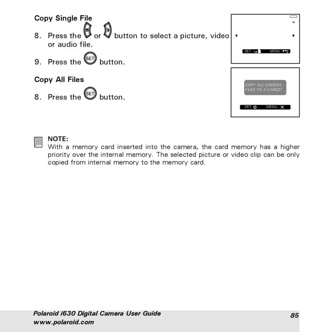 Polaroid i630 manual Copy Single File, Copy All Files 