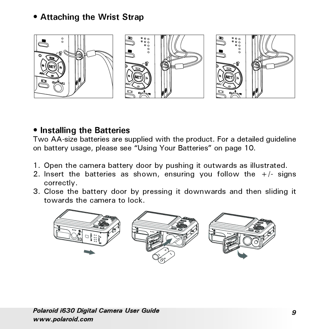 Polaroid i630 manual Attaching the Wrist Strap Installing the Batteries 